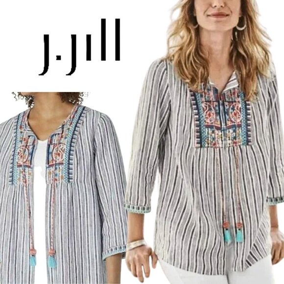 J. Jill, Love Linen, 100% Linen Embroidered Tassel Striped Boho Top, White, Blue - Picture 1 of 9